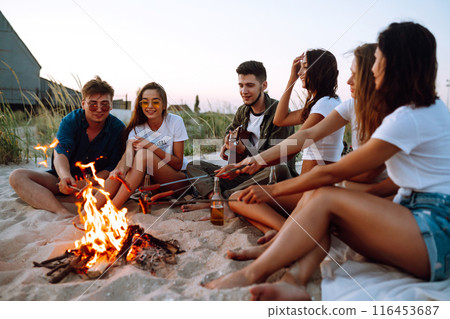 Group of young friends sitting on beach and fry sausages. One man is playing guitar. Camping time. Group of young friends sitting on beach and fry sausages. One man is playing guitar. Camping time. 116453687