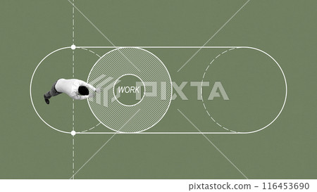 Male employee interacting with diagram highlighting central concept of work. Focus, workflow, and structured approach to tasks and productivity. Conceptual minimalistic design. 116453690