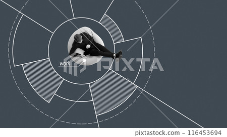 Young man, employee sitting with table and working inside radial chart. Comfort workspace, productivity and freelance. Conceptual minimalistic design. 116453694