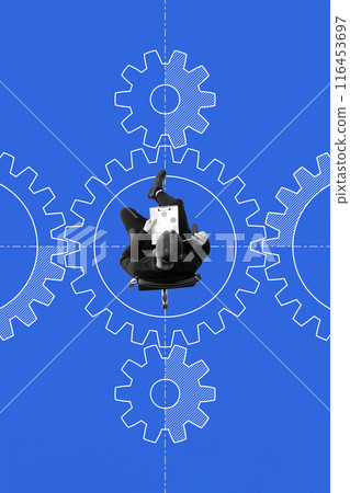 Businessman sitting on chair with tablet, positioned within interlocking gears. Efficiency, problem solving, innovative approaches in startups. Conceptual minimalistic design. Businessman sitting on chair with tablet, positioned within interlocking gears. Efficiency, problem solving, innovative approaches in startups. Conceptual minimalistic design. 116453697