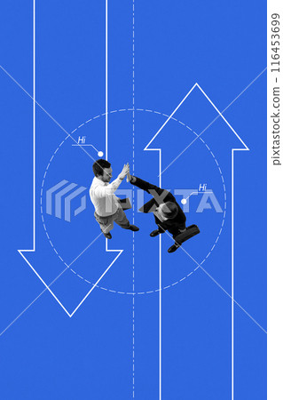Employees high-five within circle, surrounded by arrows pointing in different directions. Teamwork, positive interactions, and business success. Conceptual minimalistic design. 116453699
