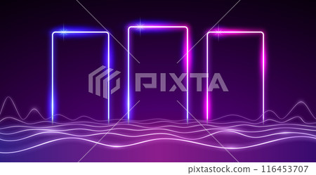 Three Glowing Neon Rectangle Frames on a Wavy Glowing Background Three Glowing Neon Rectangle Frames on a Wavy Glowing Background 116453707