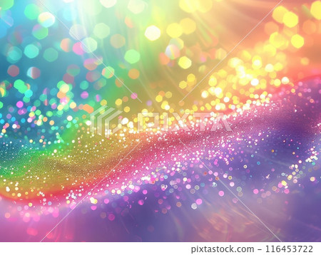Abstract rainbow backdrop shimmers, blurred bokeh lights dance 116453722