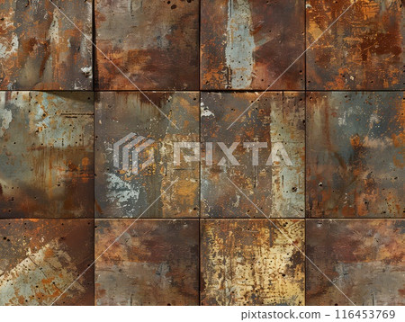 Rusty texture covers rough brown metal wall 116453769