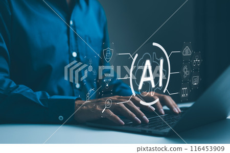 Artificial intelligence technology concept. A technology professional interacts with icons representing different aspects of artificial intelligence on a computer. intelligent tech, AI prompt generate Artificial intelligence technology concept. A technology professional interacts with icons representing different aspects of artificial intelligence on a computer. intelligent tech, AI prompt generate 116453909
