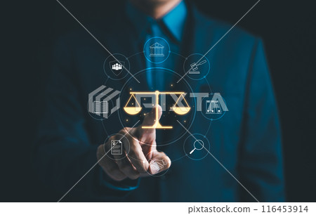 Legal Professional with Justice Icons. A suited legal professional touches virtual icons symbolizing law, justice, and legal services. business legislation, Notary public, legal advice online, Lawyer Legal Professional with Justice Icons. A suited legal professional touches virtual icons symbolizing law, justice, and legal services. business legislation, Notary public, legal advice online, Lawyer 116453914