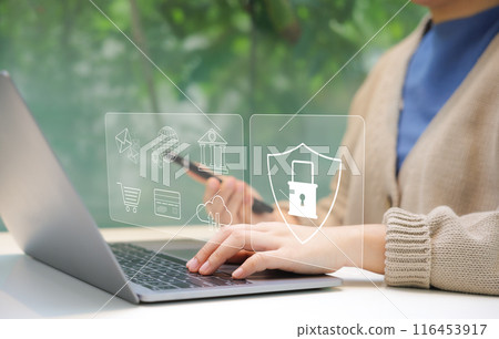 Cybersecurity Management and Data Protection Concept. Showcasing a cyber security management interface with icons representing secure data, cloud storage, and network protection. Encryption privacy, 116453917