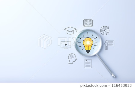 Educational growth and goal achievement concepts. Magnifying glass focuses on a light bulb representing ideas, surrounded by various education symbols. e-Learning, learning online, training course, 116453933
