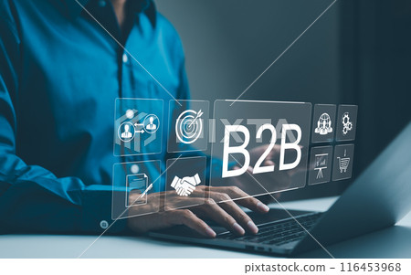 B2B business strategy concept. Businessman working with a B2B virtual interface on a laptop, conceptualizing strategy, partnership, targets in business to business services. E-commerce, B2B Marketing 116453968