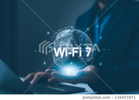 Person presenting global WiFi 7 connectivity concept. Showcases a holographic globe with the Wi-Fi 7 technology symbol, representing the next generation of wireless connectivity. Use internet by WiFi7 116453971