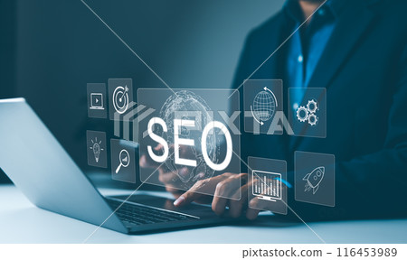 SEO strategy tools and optimization concepts. Marketer working on SEO strategy with laptop and virtual screen showing global SEO optimization icons. attract organic traffic, digital marketing, search, 116453989