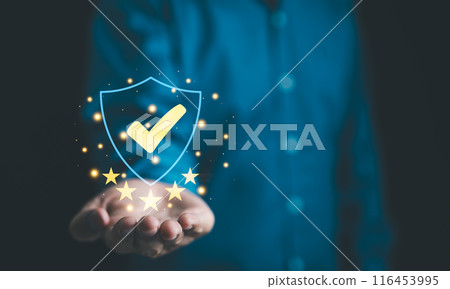 Businessman holding standard quality control certification assurance guarantee for automation process. Quality management with Quality Assurance, Quality Control, Standardization, health insurance, Businessman holding standard quality control certification assurance guarantee for automation process. Quality management with Quality Assurance, Quality Control, Standardization, health insurance, 116453995