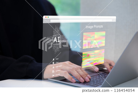 AI prompt image generator technology. Use AI software on laptop to generate images, futuristic user interface. screen with visual prompts. creation photo by artificial intelligence. graphics design 116454054