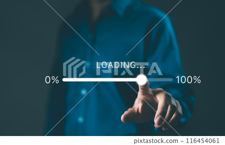Person interacting with a futuristic loading progress bar interface, depicting data processing or software installation. Digital loading bar progress from 0 to 100 percent, information download, 116454061