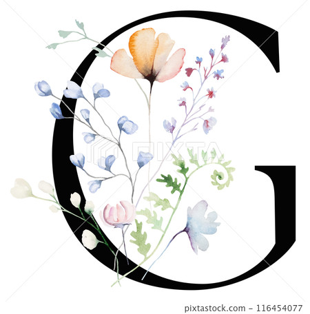 Black letter G with Watercolor pastel tender wild flowers and leaves, wedding isolated illustration 116454077
