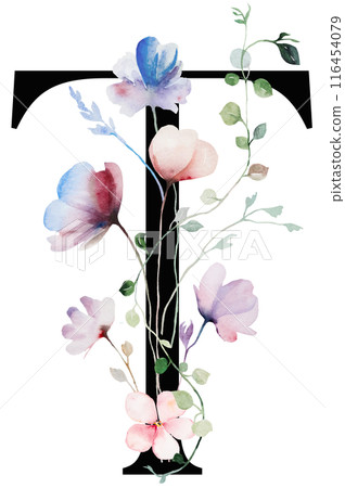 Black letter T with Watercolor pastel tender wild flowers and leaves, wedding isolated illustration 116454079