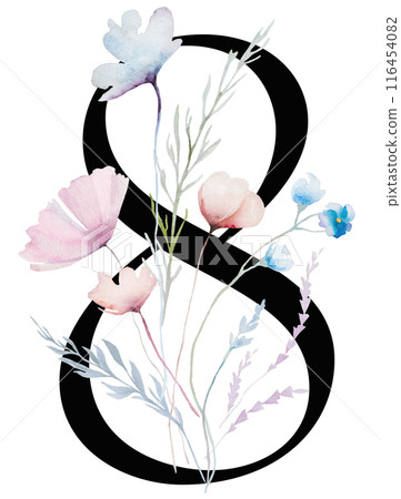 Black number 8 with Watercolor pastel wild flowers and leaves, wedding isolated illustration 116454082