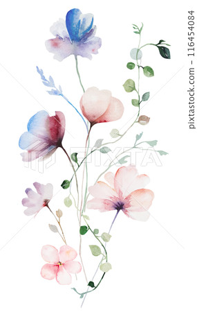 Bouquet made with watercolor pastel wild flowers and leaves, hand drawn wedding illustration Bouquet made with watercolor pastel wild flowers and leaves, hand drawn wedding illustration 116454084