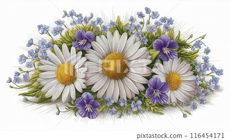 [Vintage hand-drawn style] White background, simple bouquet of wildflowers (daisies, forget-me-nots, violets) 16:9 horizontal illustration 116454171