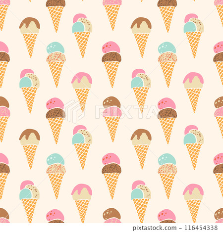 Vector ice-cream waffle cones seamless pattern. Cute flavored fruit, vanilla and chocolate gelato repeat design on cream off white background. Hand drawn retro pastel textured summer frozen dessert 116454338