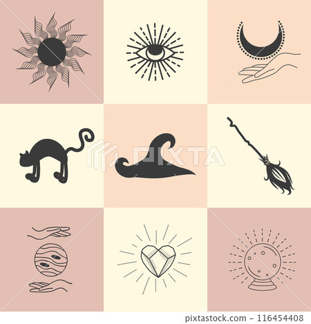 Set of magic symbols, celestial seamless pattern. Astrological, magical and esoteric symbols Set of magic symbols, celestial seamless pattern. Astrological, magical and esoteric symbols 116454408