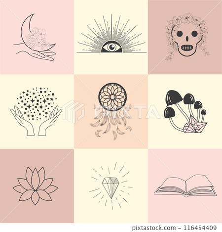 Set of magic symbols, celestial seamless pattern. Astrological, magical and esoteric symbols 116454409