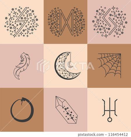 Set of magic symbols, celestial seamless pattern. Astrological, magical and esoteric symbols 116454412