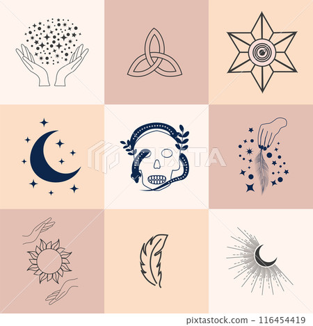Set of magic symbols, celestial seamless pattern. Astrological, magical and esoteric symbols 116454419
