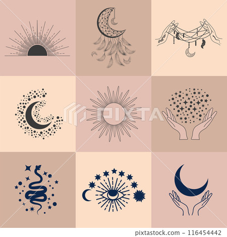 Set of magic symbols, celestial seamless pattern. Astrological, magical and esoteric symbols Set of magic symbols, celestial seamless pattern. Astrological, magical and esoteric symbols 116454442