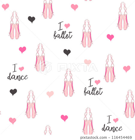 Seamless pattern with ballet pointe shoes and additional elements, imitation of a sketch, watercolors. Ballet school Seamless pattern with ballet pointe shoes and additional elements, imitation of a sketch, watercolors. Ballet school 116454469