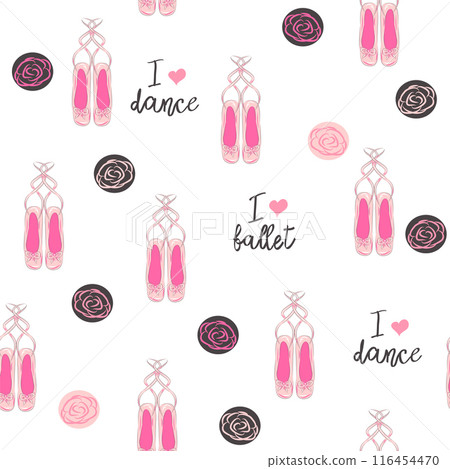 Seamless pattern with ballet pointe shoes and additional elements, imitation of a sketch, watercolors. Ballet school 116454470