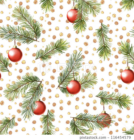 Seamless pattern with fir tree branches and red balls. Christmas background 116454579