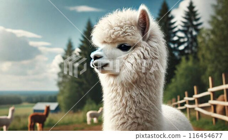 Scenery of a ranch with white alpacas 116454677