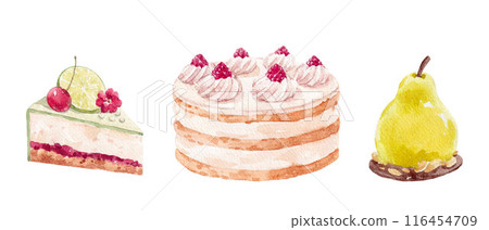 Beautiful stock illustration with watercolor hand drawn delicious dessert. Clip art. Cake illustration for menu design. 116454709