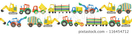 Beautiful childish horizontal seamless pattern with hand drawn watercolor kid's toys illustrations. Construction equipment concrete mixer dump truck excavator tractor. 116454712