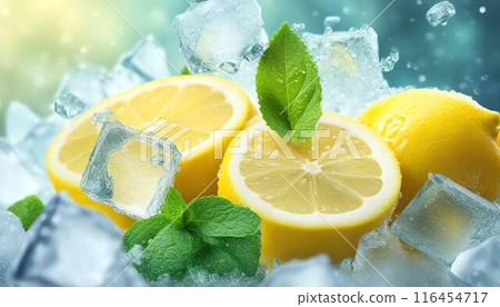 食物圖片用冰塊冷卻的檸檬和薄荷葉 116454717