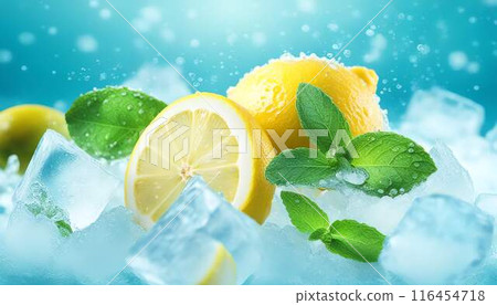 食物圖片用冰塊冷卻的檸檬和薄荷葉 116454718