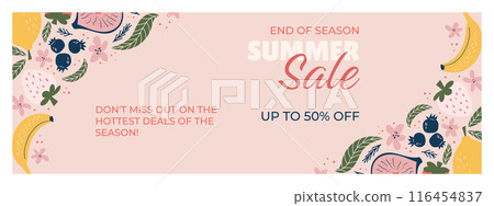 Promotional banner End of Season Summer Sale, pastel background, bananas, lemons, figs, strawberries, blueberries, leaves, and flowers. Bold white and red text highlights the sale details. 116454837