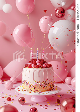birthday cake background with candles and balloons decorated with pastel colors. Ai generative 116455086