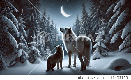 Crescent moon, winter forest and wolf Crescent moon, winter forest and wolf 116455153