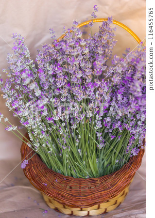 Basket with lavender flowers top view Basket with lavender flowers top view 116455765