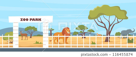 Zoo entrance gate and exotic African animals. Elephant, giraffe, camel, cheetah, lion, flamingo, vulture, monkey on territory of wildlife zoo park surrounded by fence. Vector illustration. Zoo entrance gate and exotic African animals. Elephant, giraffe, camel, cheetah, lion, flamingo, vulture, monkey on territory of wildlife zoo park surrounded by fence. Vector illustration. 116455874