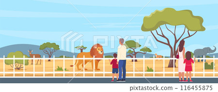Family in zoo. Kids walking in park with parents. African animals. Elephant, giraffe, camel, cheetah, lion, flamingo, vulture, monkey on territory of wildlife zoo park surrounded by fence. Vector. Family in zoo. Kids walking in park with parents. African animals. Elephant, giraffe, camel, cheetah, lion, flamingo, vulture, monkey on territory of wildlife zoo park surrounded by fence. Vector. 116455875