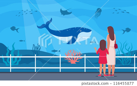 Parent and kid watching underwater scenery with sea animals in oceanarium. Underwater fauna with fish, seaweed, whale, jellyfish. Marine world representatives. Oceanarium visitors. Vector. Parent and kid watching underwater scenery with sea animals in oceanarium. Underwater fauna with fish, seaweed, whale, jellyfish. Marine world representatives. Oceanarium visitors. Vector. 116455877