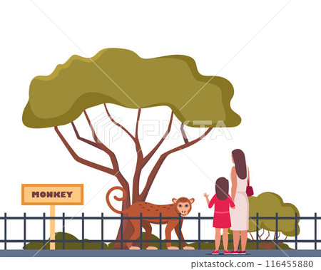 Monkey on territory of wildlife zoo park surrounded by fence. Parent and kid watching animals in zoo park. Vector illustration. Monkey on territory of wildlife zoo park surrounded by fence. Parent and kid watching animals in zoo park. Vector illustration. 116455880
