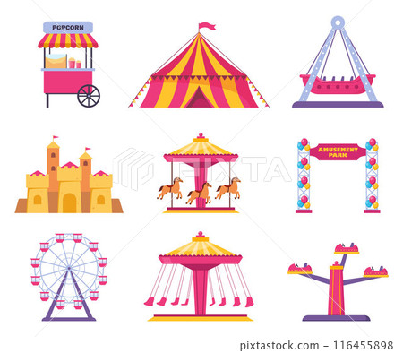 Amusement park icons. Vector carnival circus tent, ferris wheel, roller coaster, carousel and popcorn booth, tickets box, balloon. Vector. Amusement park icons. Vector carnival circus tent, ferris wheel, roller coaster, carousel and popcorn booth, tickets box, balloon. Vector. 116455898
