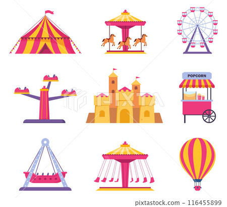 Amusement park icons. Vector carnival circus tent, ferris wheel, roller coaster, carousel and popcorn booth, tickets box, balloon. Vector. Amusement park icons. Vector carnival circus tent, ferris wheel, roller coaster, carousel and popcorn booth, tickets box, balloon. Vector. 116455899