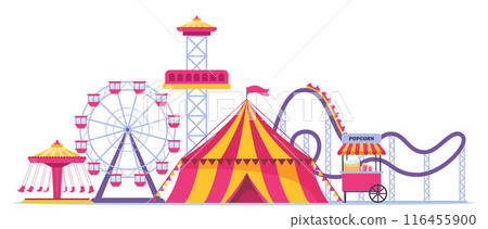 Amusement park composition with outdoor scenery and view of circus, rollercoaster and ferris wheel. Vector illustration. 116455900
