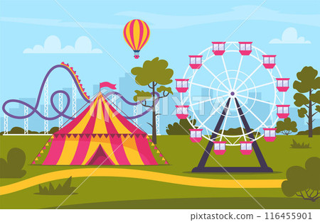 Amusement park composition with outdoor scenery and view of circus, rollercoaster and ferris wheel. Vector illustration. 116455901