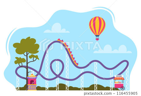 Roller coaster in amusement park. Illustration in flat style isolated on white background. Roller coaster in amusement park. Illustration in flat style isolated on white background. 116455905